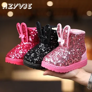 Детские зимние новые милые зимние ботинки с блестками для маленьких девочек, а также теплые зимние ботинки с толстым плюшем и мехом для детей на открытом воздухе