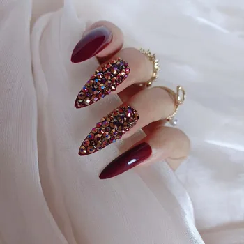 Новые удлиненные остроконечные овальные накладные ногти slim art salon nail crystal diamond nail вампирского цвета
