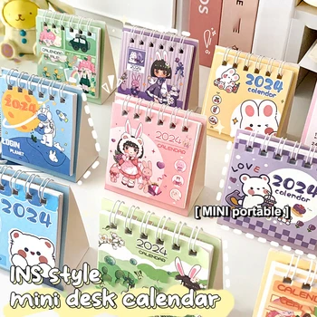 2024 Мини-настольный календарь с милой мультяшной аниме-девушкой, Новогодний календарь, портативный креативный календарь, ежемесячное украшение офиса