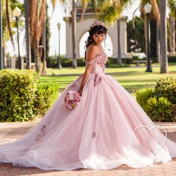 Розовое бальное платье с открытыми плечами, пышные платья, Vestidos De 15 Anos, модное вечернее платье принцессы с 3D цветами, расшитое бисером, из тюля Sweet 16.