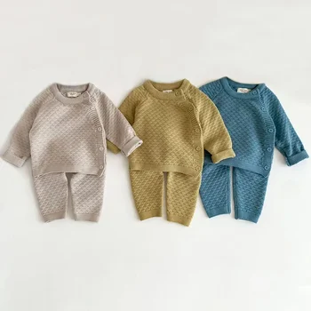 Комплект весенней одежды для маленьких мальчиков из 2 предметов, мягкий вязаный хлопковый свитер для маленьких мальчиков + штаны, детская одежда