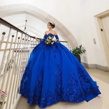 Королевское синее бальное платье, пышные платья, съемные рукава, милая, сшитое на заказ, вечернее платье с аппликацией из тюля, Vestidos Des