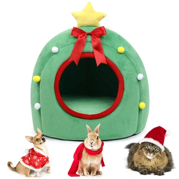 Спальная кровать для домашних животных, милая Рождественская елка, кошачий домик, пещера для собак, кошек, Теплое кошачье гнездышко, Рождественская елка, диван-кровать с подушкой для собак, кошек, щенков