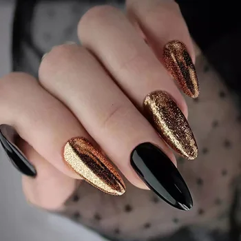 3D короткие накладные ногти с черными искрящимися золотыми блестками, металлические миндалевидные наконечники, классные аксессуары для маникюра, искусственные накладки, набор накладных ногтей