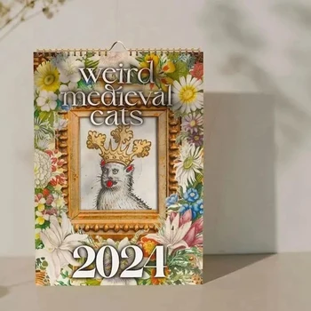 Календарь Weird Medieval Cats на 2024 год, настенный календарь на 12 месяцев, который можно повесить в офисе, Подарочная бумага с покрытием для дома A