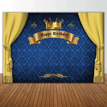 Фон для вечеринки по случаю дня рождения королевского принца Для фотосъемки Синий С золотом занавес Корона Баннер для душа ребенка Фон для детей мальчика
