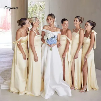 Сексуальные длинные платья подружек невесты цвета шампанского с бантом на бретельках, атласное свадебное платье для гостей, платья подружек невесты с разрезом по ногам, большие размеры