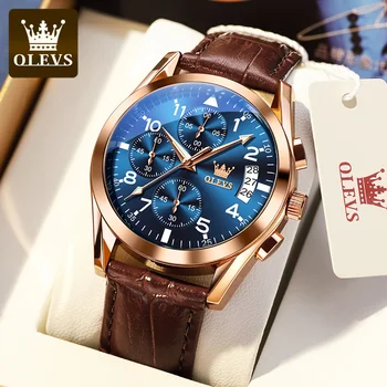 OLEVS Мужские часы ведущих люксовых брендов, многофункциональный светящийся кварцевый часы с водонепроницаемым кожаным ремешком, модный бизнес-оригинал