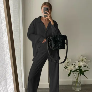 Элегантная леди, высококачественная горячая распродажа, комплект из двух предметов, женская однотонная блузка с рюшами и свободные широкие брюки, комплекты 2022