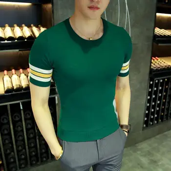 Одежда для мужчин, Летняя футболка с круглым вырезом, трикотажная рубашка с коротким рукавом, однотонные тонкие топы в корейском стиле Slim Fit