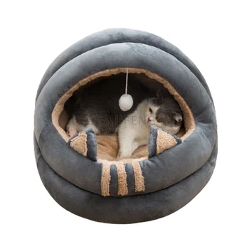 Комфортная кошачья кровать для глубокого сна, Маленький коврик, Мягкое Полузакрытое Успокаивающее Плюшевое Кошачье гнездо, Зимняя плюшевая теплая кровать-пещера для кошек