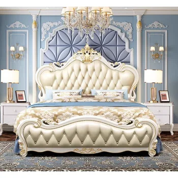 Двуспальная кровать из твердого дерева в европейском стиле 1,8 м, резная кровать из каучукового дерева, французский брак, роскошь в европейском стиле в главной спальне