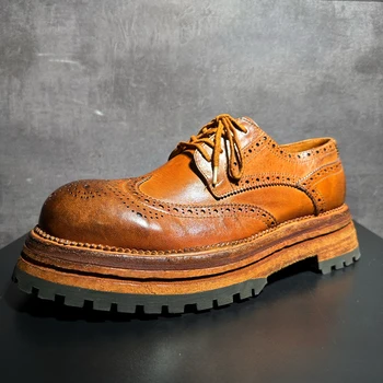 Уличная Съемка Дизайн Goodyear Дерби Обувь для Мужчин из Натуральной Кожи Ручной Работы Увеличенная на 5 см Резная Ретро Модная Повседневная Обувь Мужская