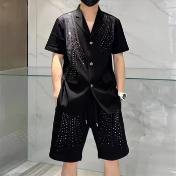 M-4XL!!2023 летняя новая корейская версия модного дизайна hot drill, костюм с короткими рукавами, мужской костюм для ночного шоу, шорты, комплект из двух предметов