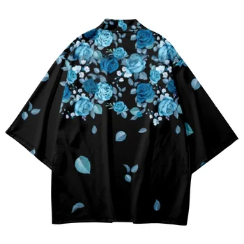 Женская пляжная юката, уличная одежда Haori 2023, модный кардиган с цветочным принтом Голубой розы, японские кимоно