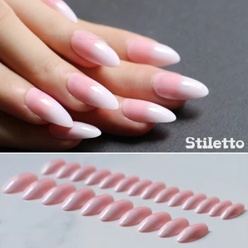 Желеобразно-розовые градиентные ногти на шпильках, белые накладные ногти в стиле ню, натуральные накладные ногти, готовый продукт для ногтей, 24шт.