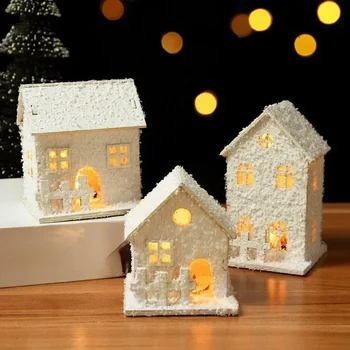 Рождественский белый светодиодный светильник в виде снежинки, Деревянный дом, Рождественский орнамент, Светящаяся кабина, Украшение для Рождественской вечеринки