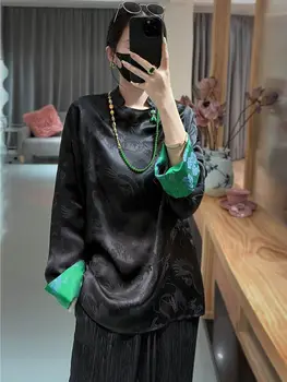 2024 китайская традиционная блузка женская винтажная одежда женская блузка чонсам с длинными рукавами цветочный женский повседневный черный топ