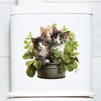 Нескользящая наклейка на унитаз, элегантная наклейка на крышку унитаза с рисунком зеленого растения и кошки, очаровательная наклейка на стену для домашнего украшения ванной комнаты.