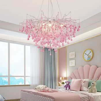 Потолочная люстра с розовыми блестящими кристаллами, украшение детской комнаты, Красочный светильник для детской комнаты для девочек, роскошный хрусталь