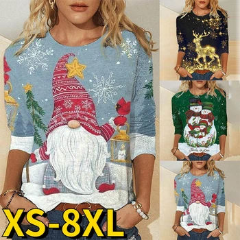 Осень-зима 2022, женские топы с принтом Деда Мороза, футболка со снеговиком, круглый вырез, свободный размер, длинный рукав, модный повседневный пуловер