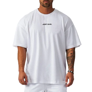 Негабаритная летняя сетка с заниженными плечами, Свободная дышащая одежда для фитнеса, мужская повседневная футболка для тренировок в тренажерном зале с коротким рукавом, быстросохнущая
