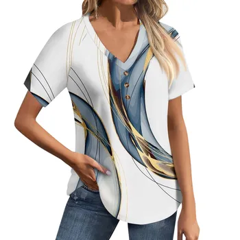 Градиентная блузка с коротким рукавом и V-образным вырезом 2024, летняя женская свободная рубашка, элегантный повседневный принт, модная винтажная уличная одежда в стиле харадзюку
