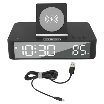 Цифровой будильник мощностью 10 Вт, поднимающийся одной кнопкой, светодиодное зеркало, электронные настольные часы с беспроводной зарядкой мощностью 10 Вт для спальни, офиса, дома