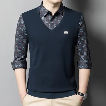Осенняя новая мужская повседневная трикотажная рубашка-поло с буквенным принтом, однотонная модная рубашка-свитер из двух частей, имитирующая свитер