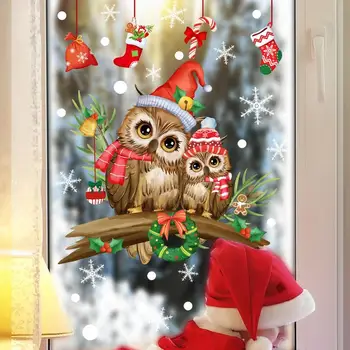 Рождественские наклейки на окна с совой, Самоклеящиеся наклейки на стены с совой-веткой, Рождественские наклейки с милой совой, стеклянные наклейки для зимних вечеринок