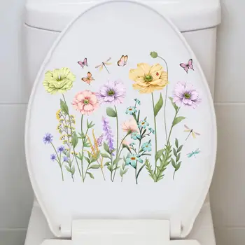 Наклейки с отклеивающимися наклейками Яркий Цветок Бабочка Наклейка для Туалета Простое нанесение Стойкая Адгезия для Не выцветающих Унитазов