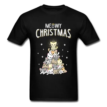 Футболка Meowy Catmas, кавайные мужские топы, мультяшная футболка, Рождественская мужская одежда, футболки с принтом кошек, черная футболка, забавная