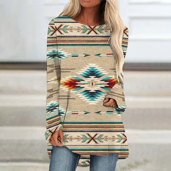 Женская рубашка с длинным рукавом в ацтекском стиле, женский повседневный пуловер с 3D-принтом, винтажная одежда, осенне-зимние повседневные футболки с круглым вырезом