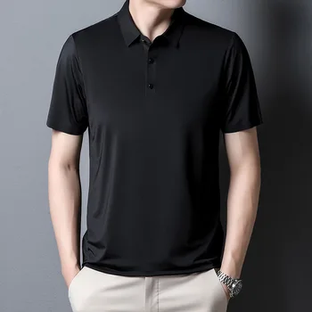 Новая мужская бесшовная футболка с коротким рукавом, деловая повседневная качественная мужская одежда, однотонная рубашка поло Ice Silk Cool