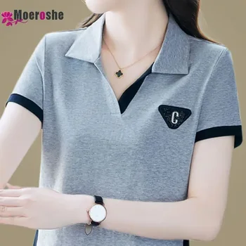 Хлопчатобумажная футболка Moeroshe с короткими рукавами, женская летняя модная повседневная рубашка поло с лацканами, снижающая возраст,