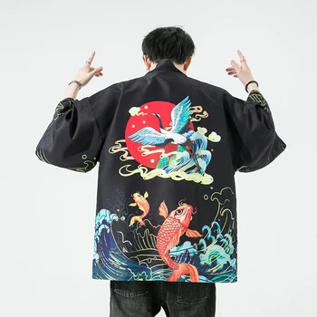 Мужское японское длинное кимоно, кардиган, мужской костюм самурая, Кимоно с рисунком журавля, рыбы, оленя, Рубашка-кимоно, Юката, внешний чехол XXXXXL