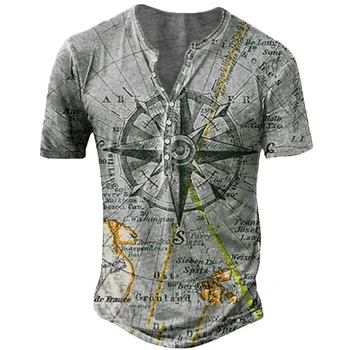 Винтажная футболка с навигационным компасом, короткий рукав, V-образный вырез, рубашка Henley на пуговицах, мужские топы, футболка, мужская уличная одежда в стиле панк