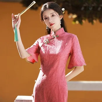 Лето 2023 года, Розовое Жаккардовое платье Cheongsam ручной работы ручной работы, изысканные банкетные вечерние платья, Ципао для девочек