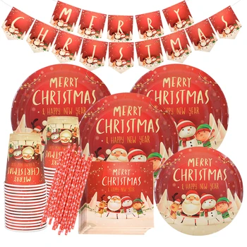 Набор одноразовой посуды для рождественской вечеринки Санта Клаус Снеговик Лось Бумажные Тарелки Чашки Салфетки Соломинки Детские Принадлежности для Рождественской вечеринки
