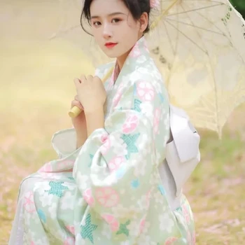 Японское кимоно с улучшенным ветром для женщин, халат с зеленым рисунком, литературный винтаж, Вечернее платье для девочек, портрет