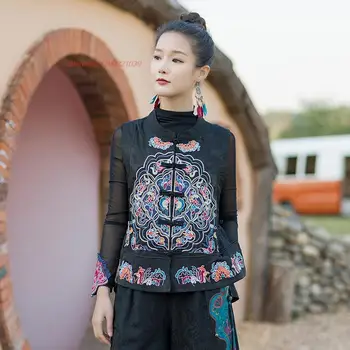 2024 китайский этнический женский жилет ретро пальто без рукавов с национальной цветочной вышивкой женский костюм восточного стиля тан китайский ретро жилет