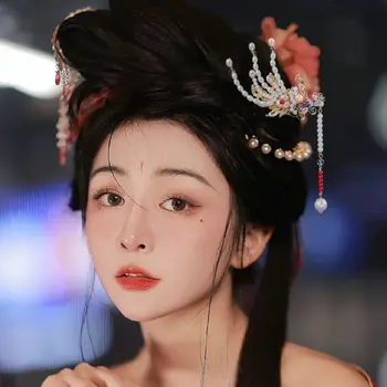 Китайские головные уборы Hanfu Классическая Перегородчатая палочка для волос с кисточкой из жемчуга Феникса, Изысканная заколка для волос для девочек, Древние палочки для еды