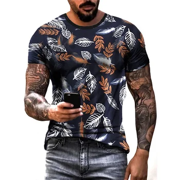 Гавайская мужская рубашка с 3D принтом листьев, мужская черная футболка в стиле ретро с коротким рукавом, летний повседневный модный топ с круглым воротником, Большие размеры