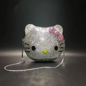 Прекрасный мультфильм Hellokitti Cats, Милые сумки для девочек, вечерняя сумочка, маленький кошелек, серебряный клатч с бриллиантовой застежкой, кошелек для женщин