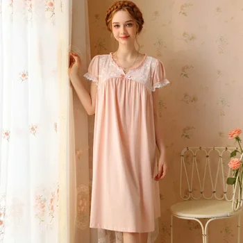 Женское Милое хлопковое ночное платье, пижамы Принцессы, Летняя кружевная вышивка, Сексуальное ночное белье, Винтажная Свободная ночная рубашка с коротким рукавом.