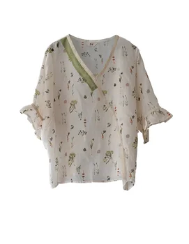 Свободная рубашка с V-образным вырезом в пасторальном французском стиле с цветочным рисунком Рами, блузка с диагональным кружевным воротником в национальном стиле