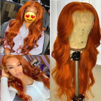 Потрясающие Имбирно-оранжевые синтетические парики на кружеве, Свободная волна, Высококачественное Термостойкое волокно, Предварительно Выщипанная линия роста волос Для женщин