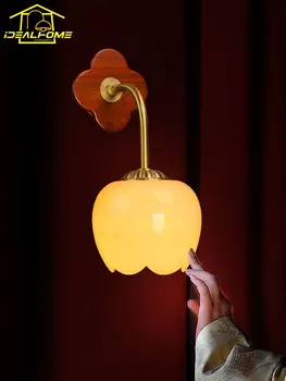Китайский традиционный Классический настенный светильник из медного дерева с Нефритовым абажуром LED E27, Домашний декор, Кабинет, Ресторан, Спальня, Лофт Tea Hosue