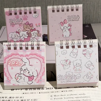 2024 Картонный календарь с розовым котом, изысканный и минималистичный Настольный Освежающий Мини-настольный Календарь на катушке, книга для офисных школьных принадлежностей