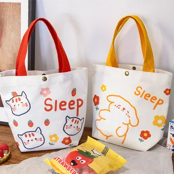 Милая мультяшная кошка, собака, свежая многоразовая женская холщовая сумка для хранения, мини-сумочка, Маленькая хозяйственная сумка в корейском стиле для девочек вместимостью